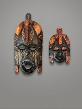 Set of 2 Vintage Hand-Carved Kenyan Wood Masks